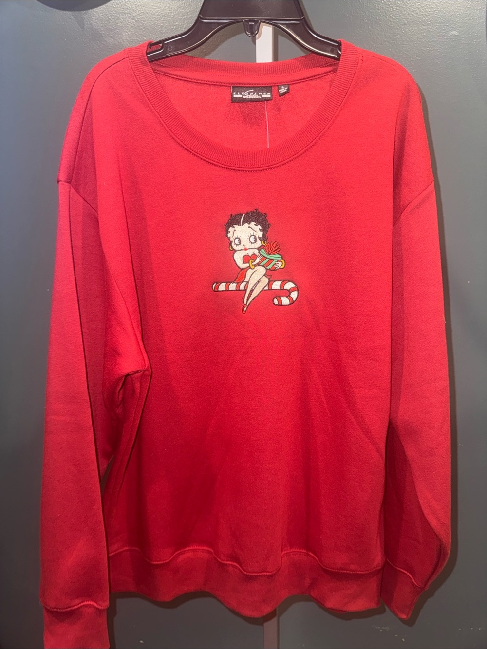 Women's Red Holiday Crewneck Sweatshirt with Embroidered Cartoon Motif